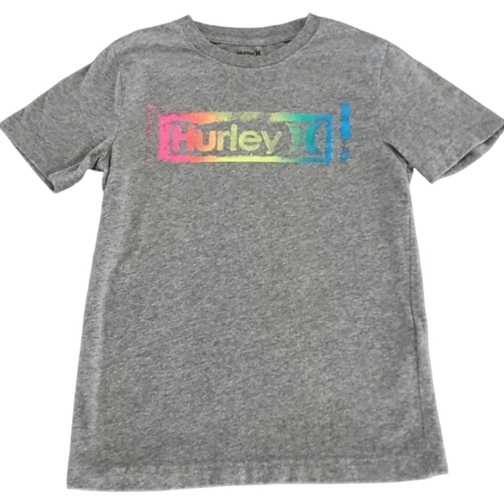 HURLEY Gray Gaphic Tee M 10 12 Boys Girls Rainbow Spray Paint Grafitti RARE